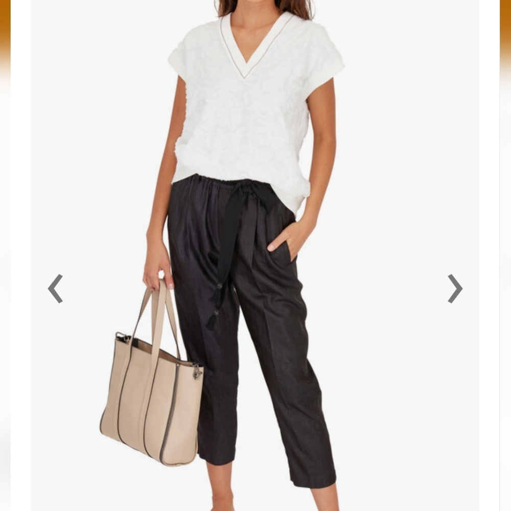 BRUNELLO CUCINELLI Black Raffia Linen Belted Cropped Pant made in Italy
